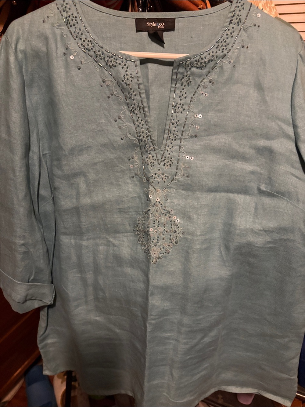 Style & Co. Light Blue Embroidered V-Neck Tunic Top